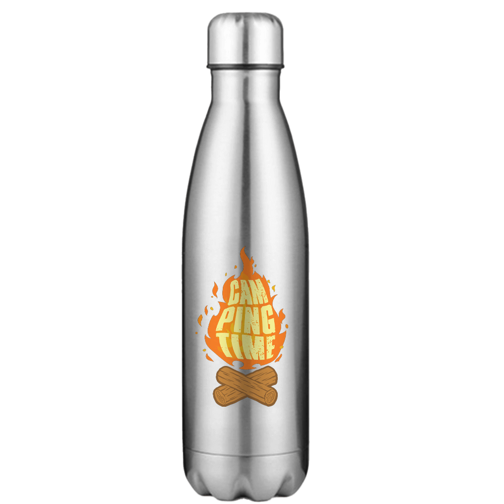 Camp Fire Stainless Steel Water Bottle with double-walled insulation and leakproof cap, featuring UV printed designs.