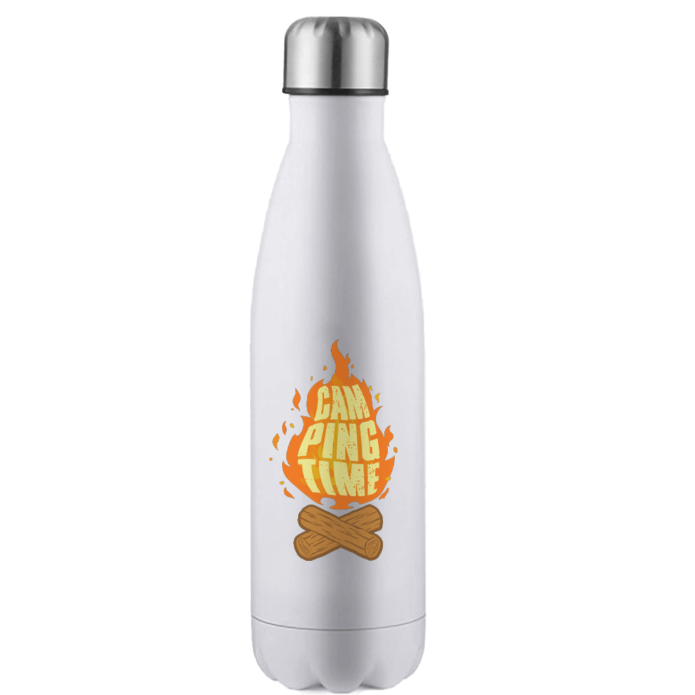 Camp Fire Stainless Steel Water Bottle with double-walled insulation and leakproof cap, featuring UV printed designs.