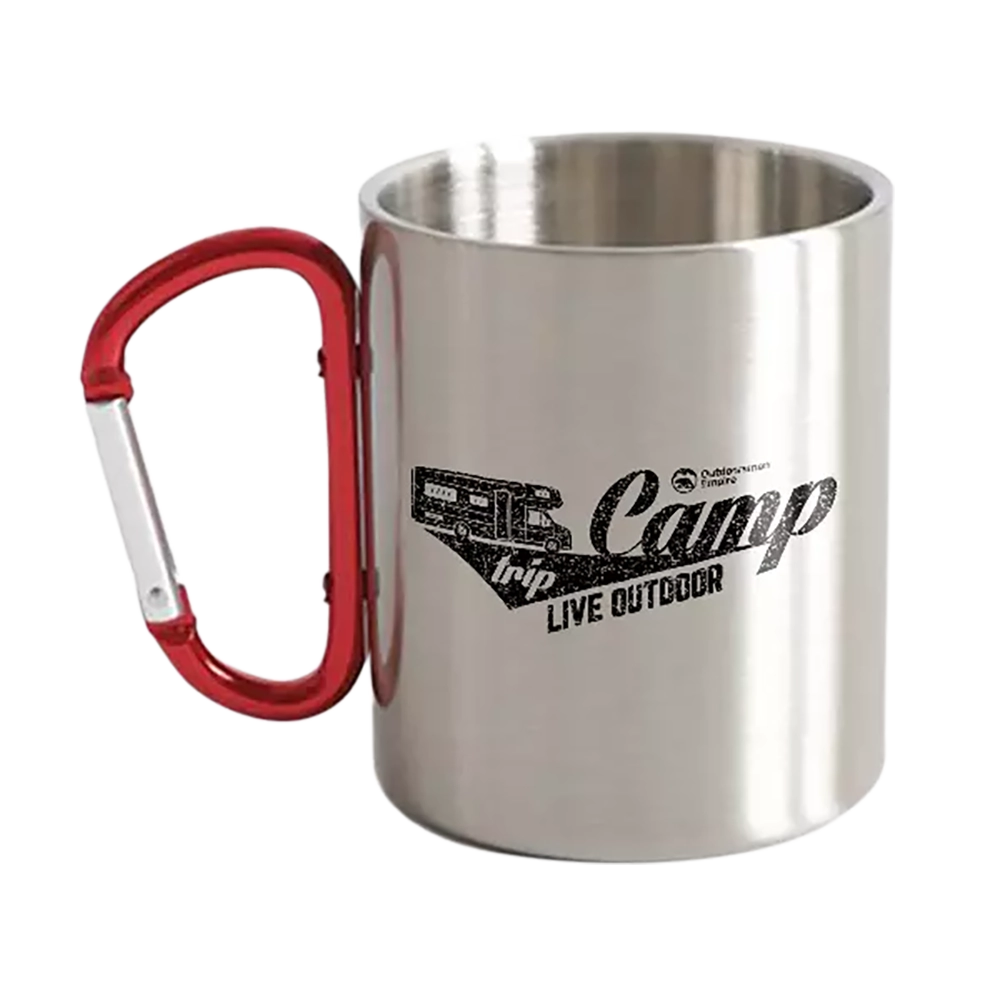 Camp Trip Carabiner Mug 12oz with stainless steel body and UV printed design, perfect for outdoor adventures.