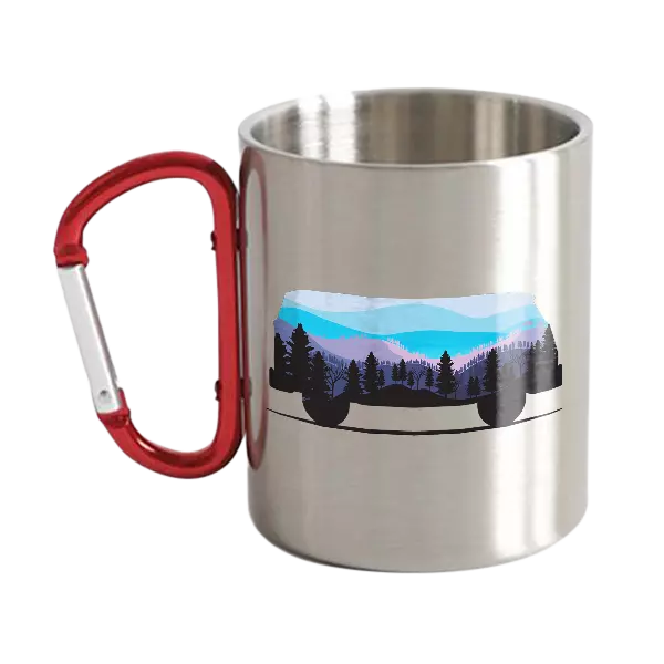 Camper Carabiner Mug 12oz with UV printed design, sturdy stainless steel and ceramic interior, perfect for outdoor adventures.