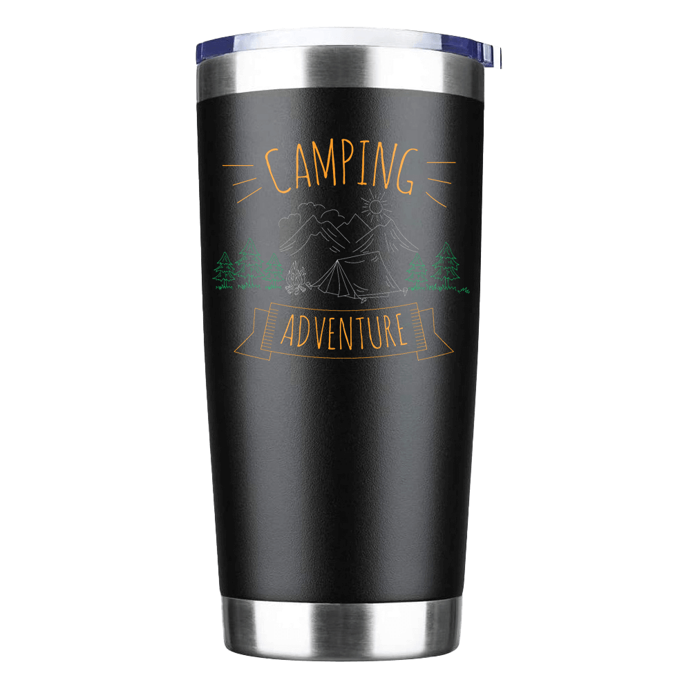 Camping Adventure 20oz Insulated Vacuum Sealed Tumbler in stainless steel with UV-printed design, showcasing its double-walled insulation and splash-proof lid.