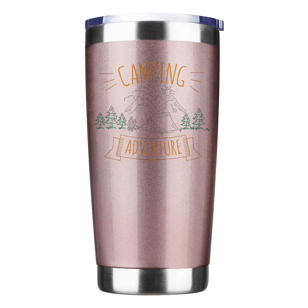 Camping Adventure 20oz Insulated Vacuum Sealed Tumbler in stainless steel with UV-printed design, showcasing its double-walled insulation and splash-proof lid.