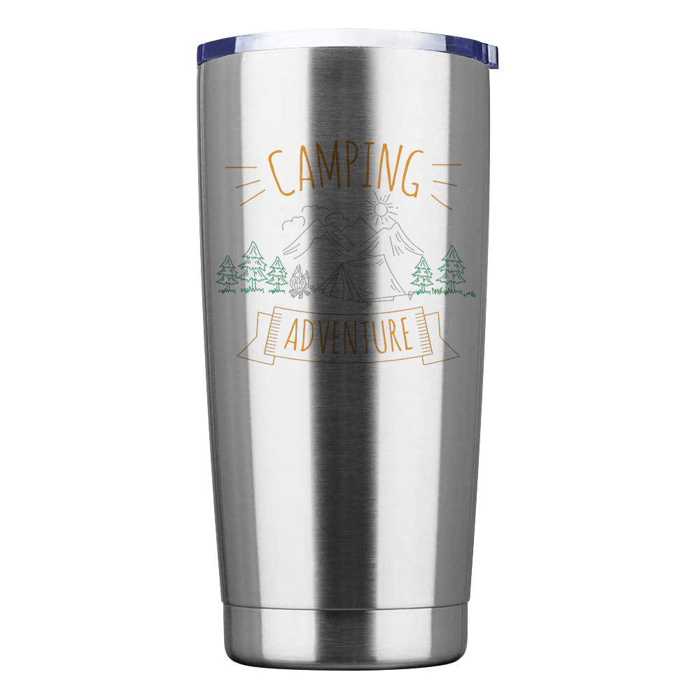 Camping Adventure 20oz Insulated Vacuum Sealed Tumbler in stainless steel with UV-printed design, showcasing its double-walled insulation and splash-proof lid.