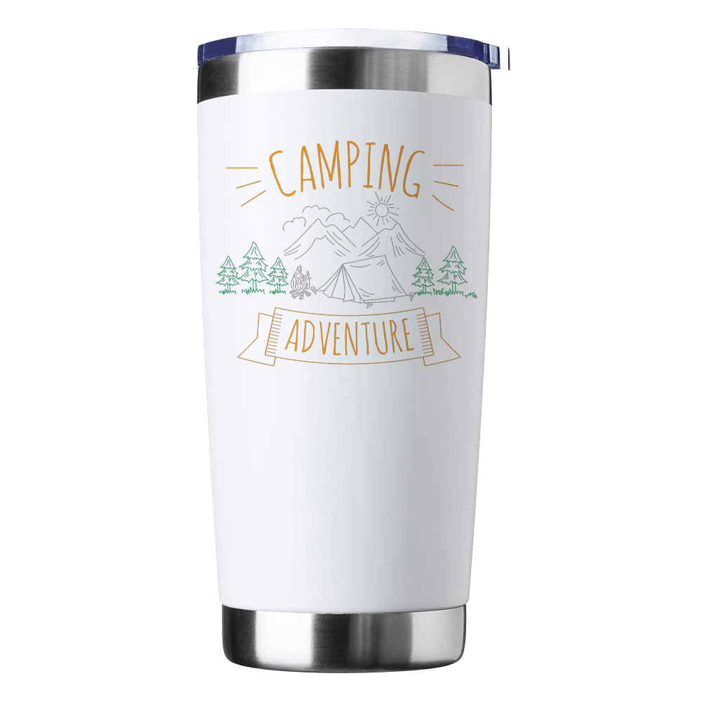 Camping Adventure 20oz Insulated Vacuum Sealed Tumbler in stainless steel with UV-printed design, showcasing its double-walled insulation and splash-proof lid.