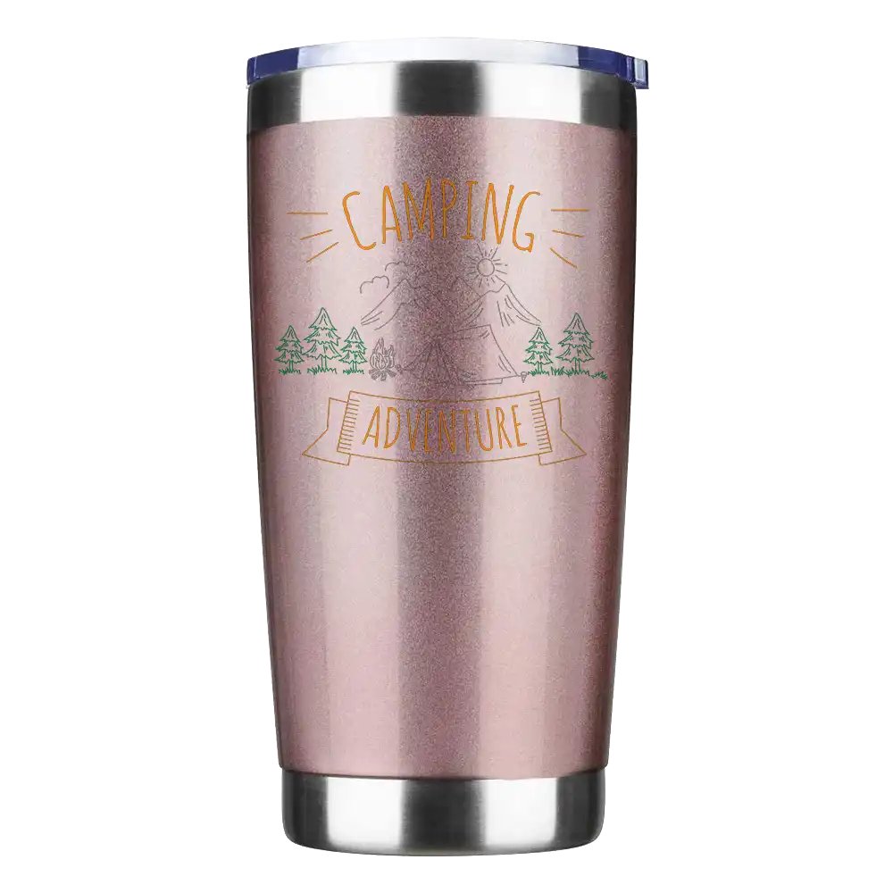 Camping Adventure 20oz Insulated Vacuum Sealed Tumbler in stainless steel with UV-printed design, showcasing its double-walled insulation and splash-proof lid.