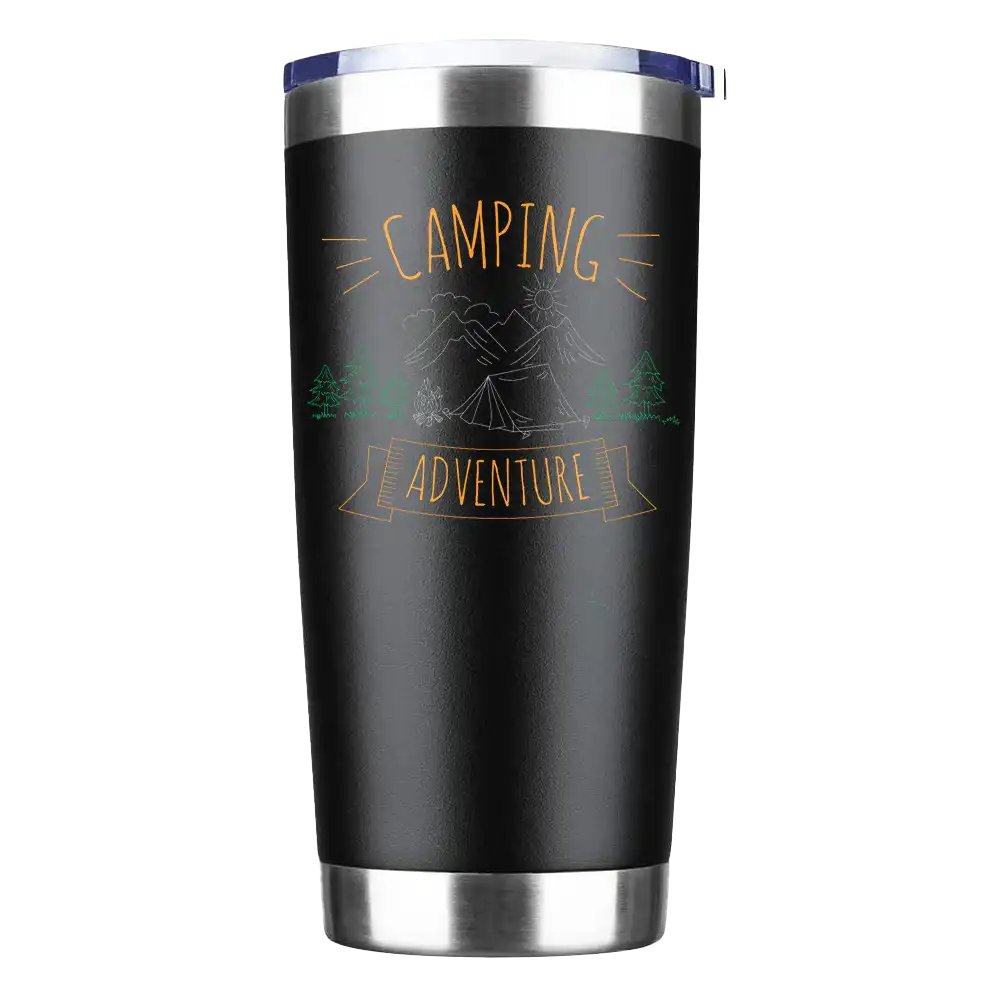 Camping Adventure 20oz Insulated Vacuum Sealed Tumbler in stainless steel with UV-printed design, showcasing its double-walled insulation and splash-proof lid.