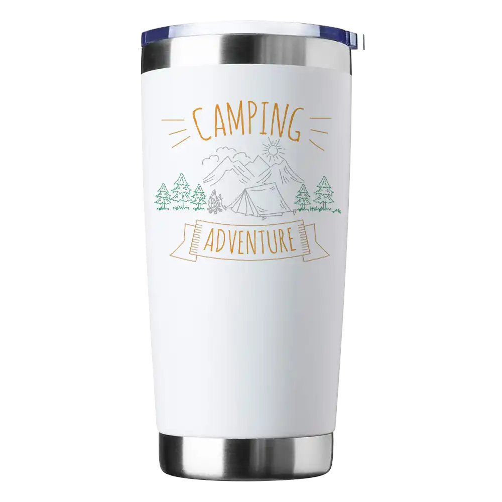 Camping Adventure 20oz Insulated Vacuum Sealed Tumbler in stainless steel with UV-printed design, showcasing its double-walled insulation and splash-proof lid.