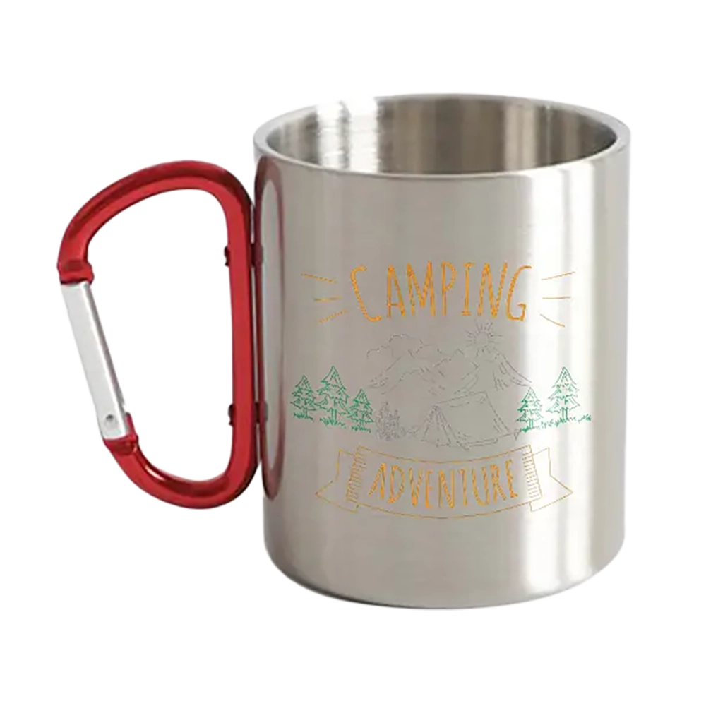 Camping Adventure Carabiner Mug 12oz with stainless steel body and vibrant UV printed design, perfect for outdoor activities.