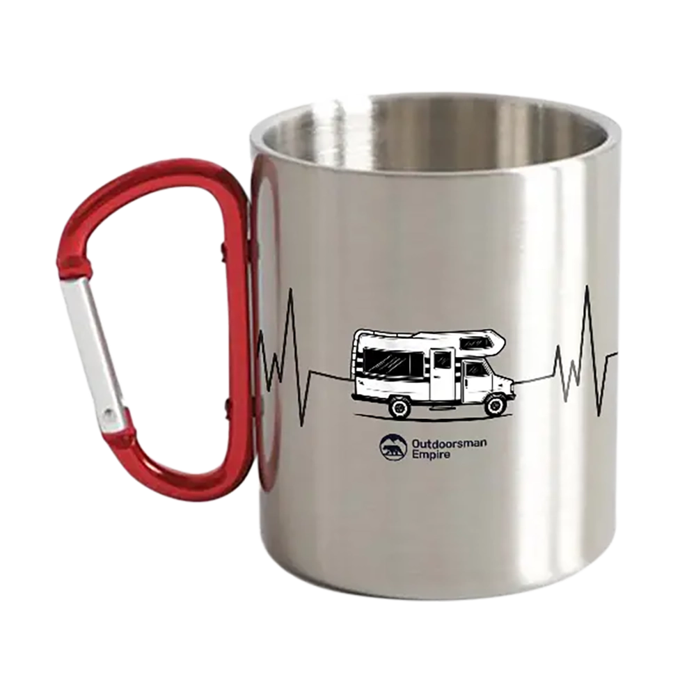 Camping Cardiogram Carabiner Mug 12oz featuring UV printed designs, durable ceramic and stainless steel construction, perfect for outdoor adventures.