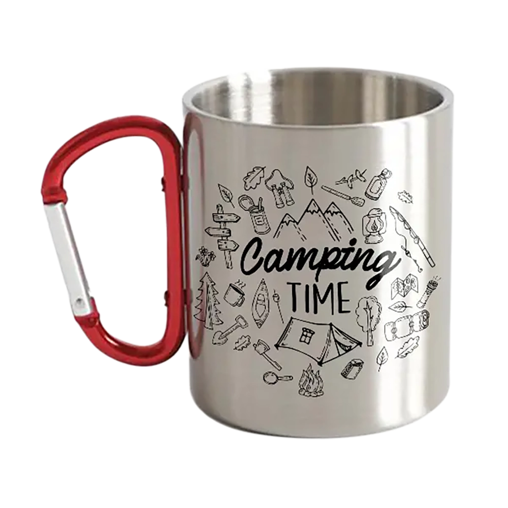 Camping Elements Carabiner Mug 12oz featuring UV printed designs and stainless steel double wall construction, perfect for outdoor adventures.