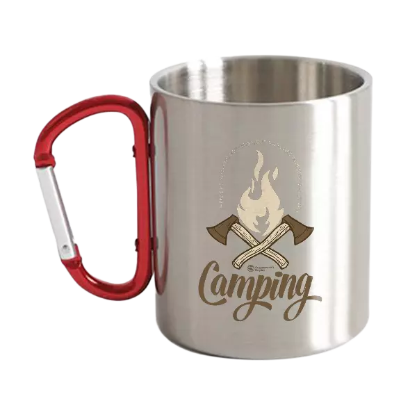 Camping Fire Axes Carabiner Mug 10oz featuring UV printed design and stainless steel double wall insulation.