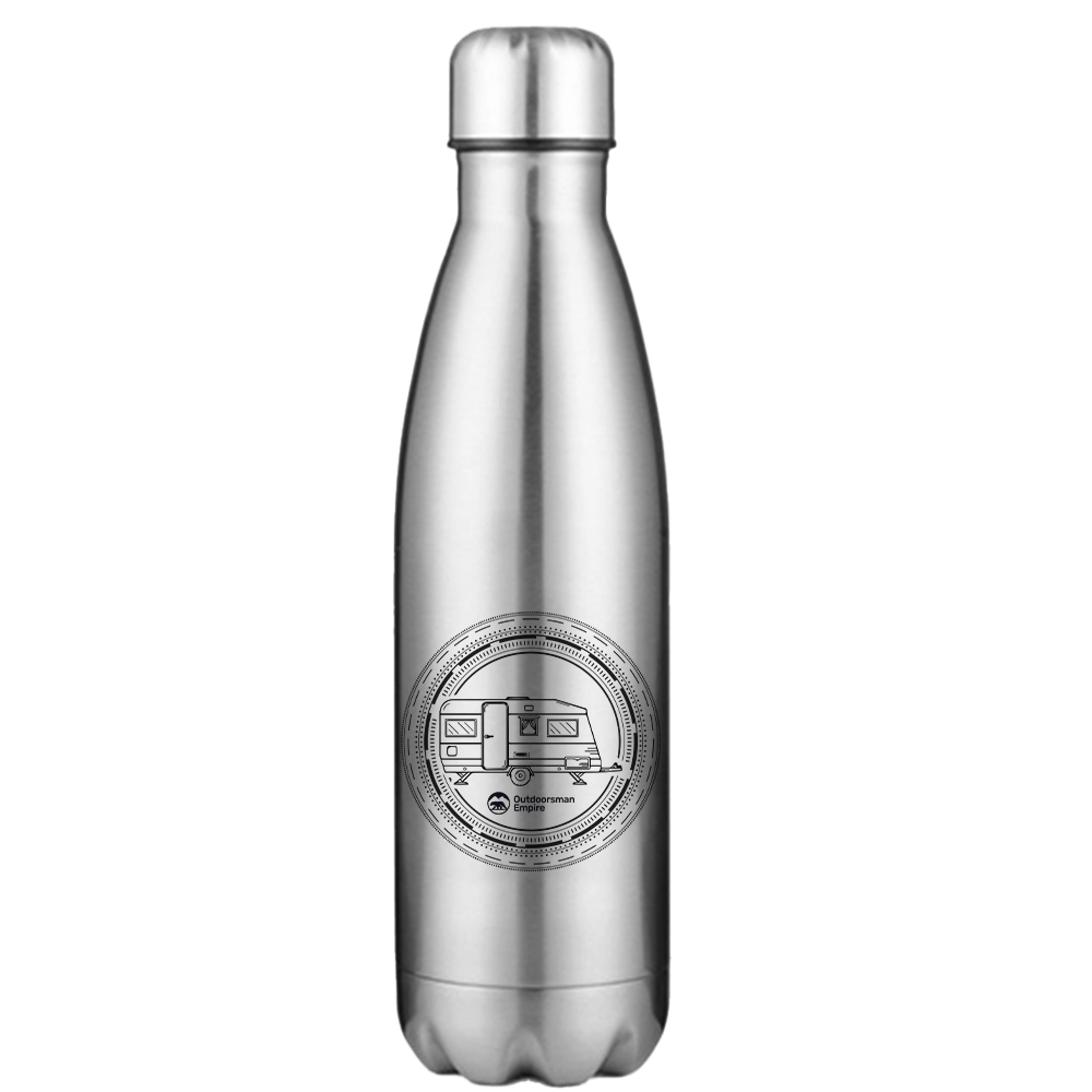 Camping Kaleidoscope 17oz Stainless Water Bottle with vibrant UV printed design, showcasing its double-walled insulation and leakproof cap.