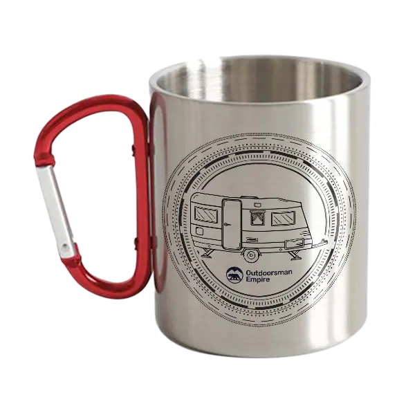 Camping Kaleidoscope Carabiner Mug 12oz with vibrant UV printed design, showcasing its sturdy stainless steel double wall and ergonomic handle.