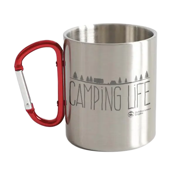 Camping Life Carabiner Mug 12oz with UV printed designs, stainless steel double wall, and a sturdy handle, perfect for outdoor adventures.