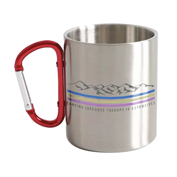 Camping Lines Carabiner Mug 12oz with UV printed designs, showcasing its durable stainless steel construction and carabiner attachment.