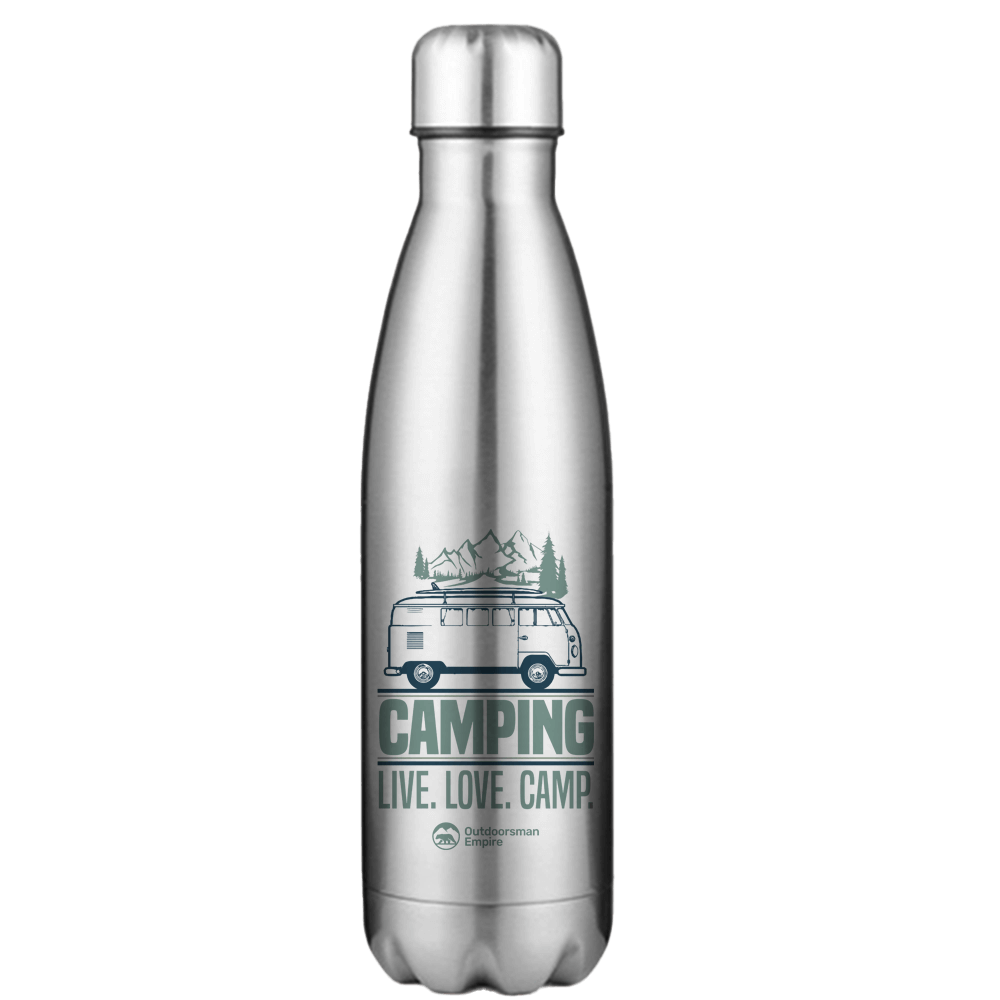 Camping Live Love Camp 17oz Stainless Water Bottle with a stylish design and leakproof cap, perfect for outdoor adventures.