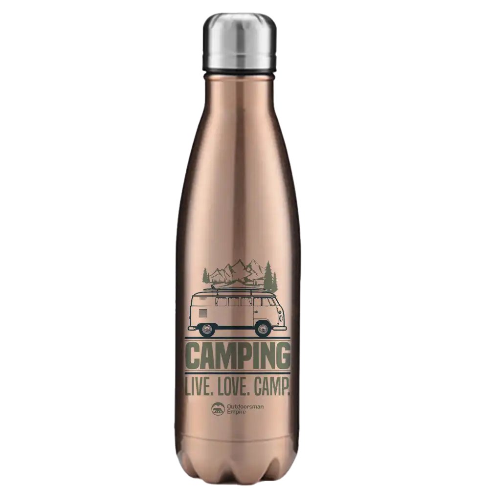 Camping Live Love Camp 17oz Stainless Water Bottle with a stylish design and leakproof cap, perfect for outdoor adventures.