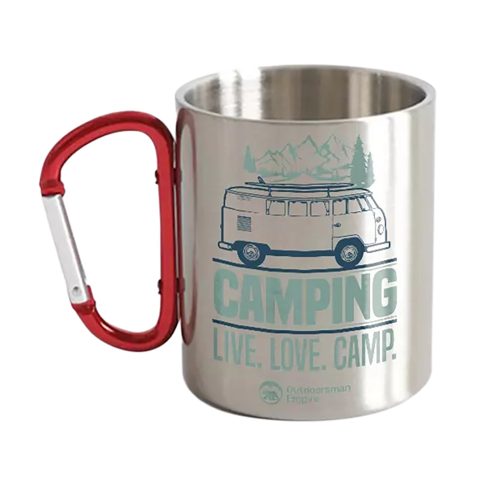 Camping Live Love Camp Carabiner Mug, 12oz, featuring UV printed designs and durable ceramic and stainless steel construction.