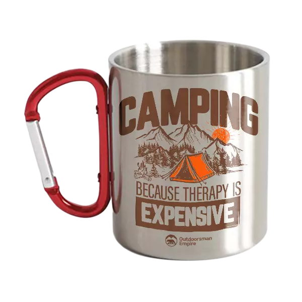 Camping No Expensive Carabiner Mug 12oz with UV printed designs, showcasing its durable stainless steel and ceramic construction.