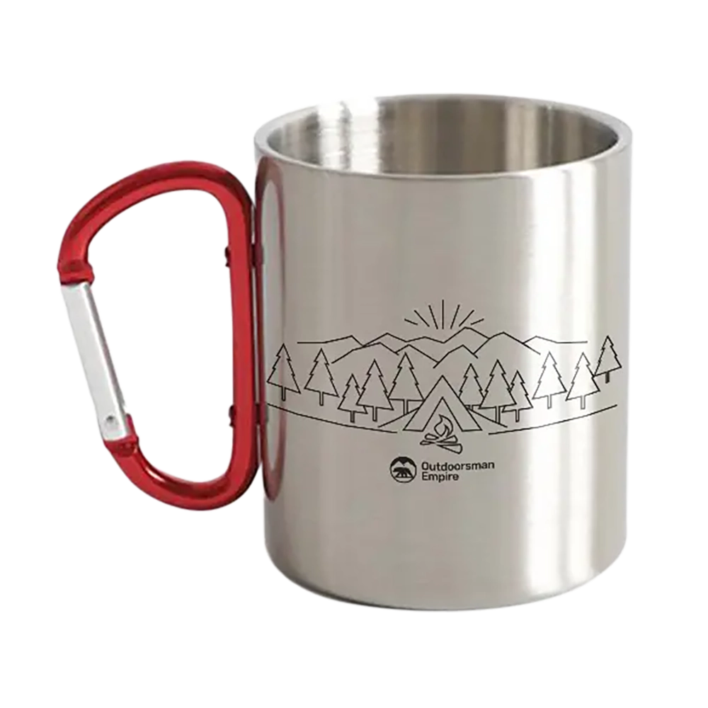 Camping Triangles Carabiner Mug 12oz with UV printed design, showcasing its sturdy stainless steel construction and carabiner attachment.