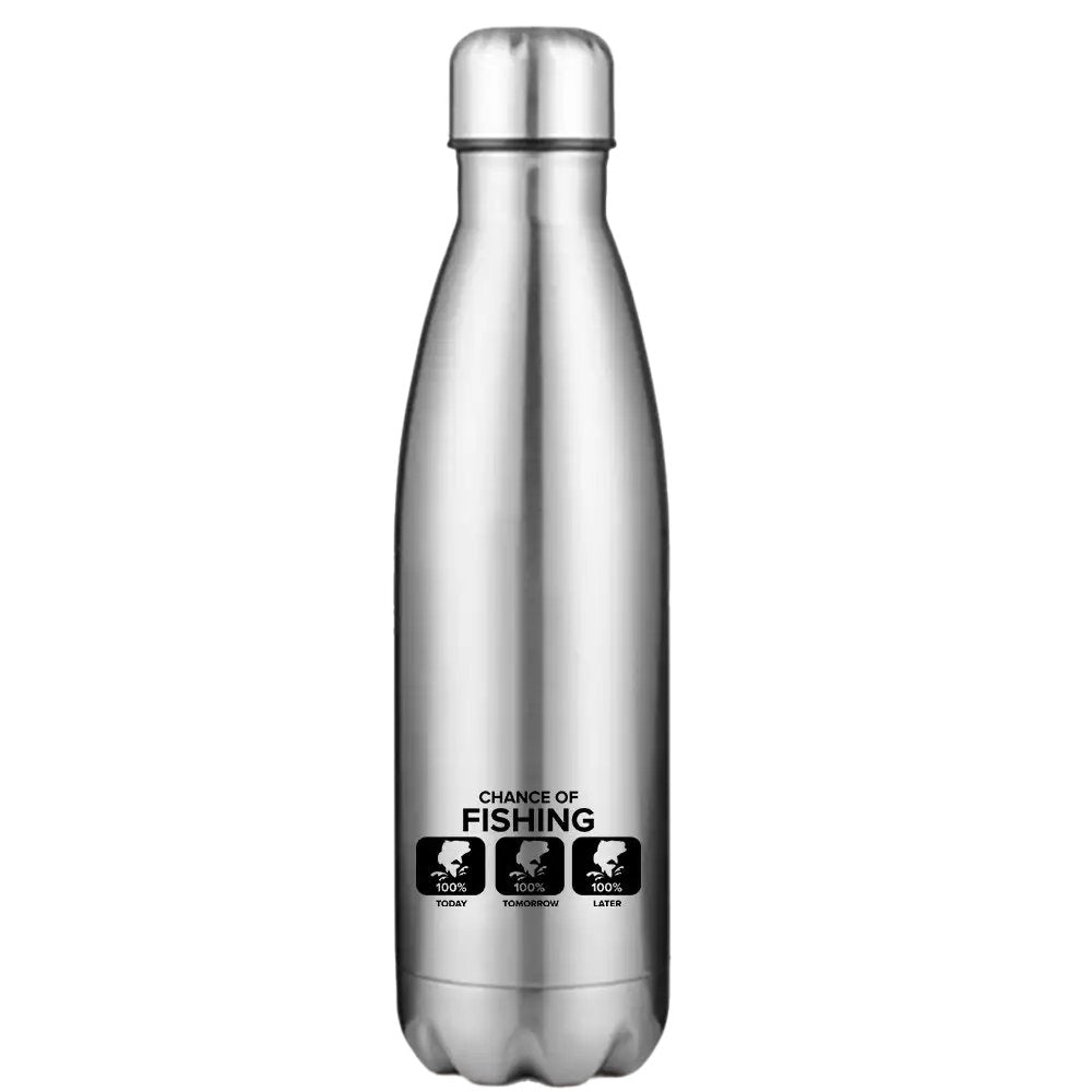 Chance of Fishing 17oz Stainless Steel Water Bottle with leakproof cap and UV printed design, perfect for outdoor activities.