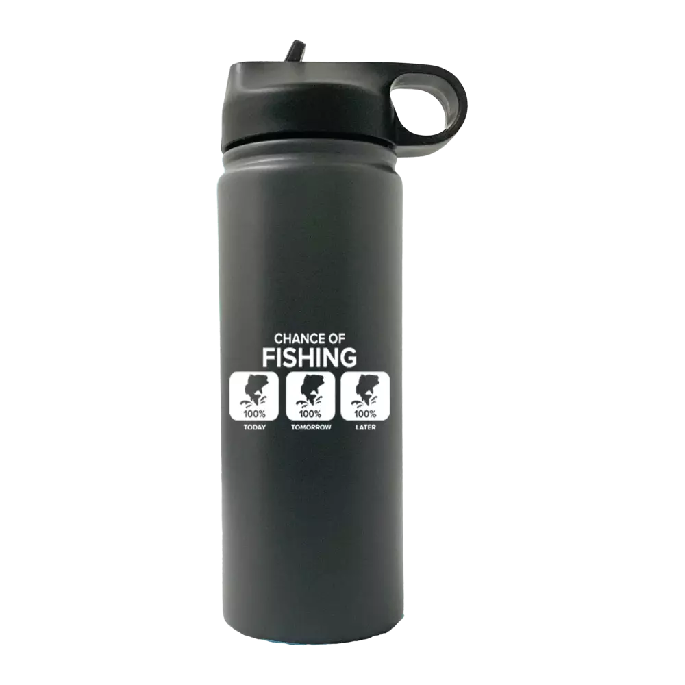 Chance of Fishing 20oz Sport Bottle in metallic aluminum with a black lid and built-in handle, perfect for outdoor activities.