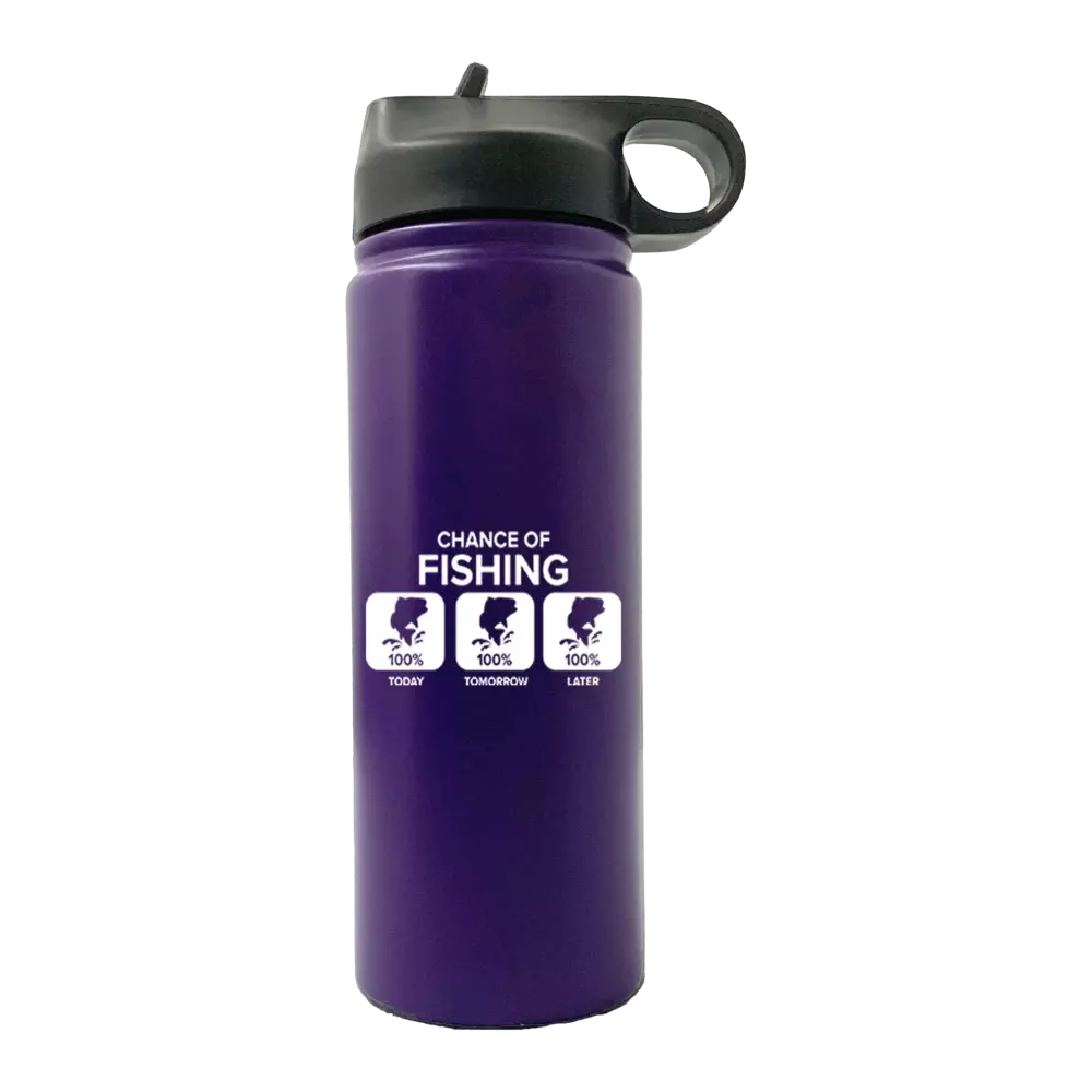 Chance of Fishing 20oz Sport Bottle in metallic aluminum with a black lid and built-in handle, perfect for outdoor activities.