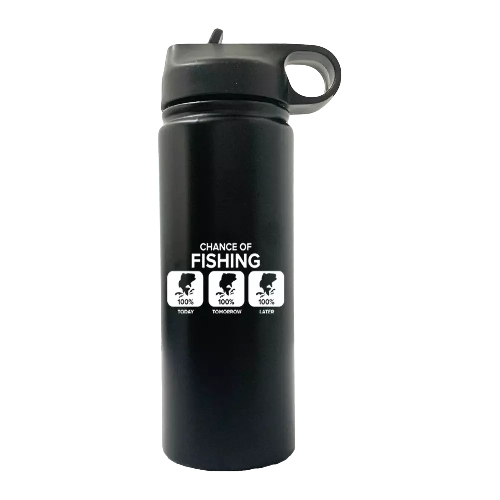 Chance of Fishing 20oz Sport Bottle in metallic aluminum with a black lid and built-in handle, perfect for outdoor activities.