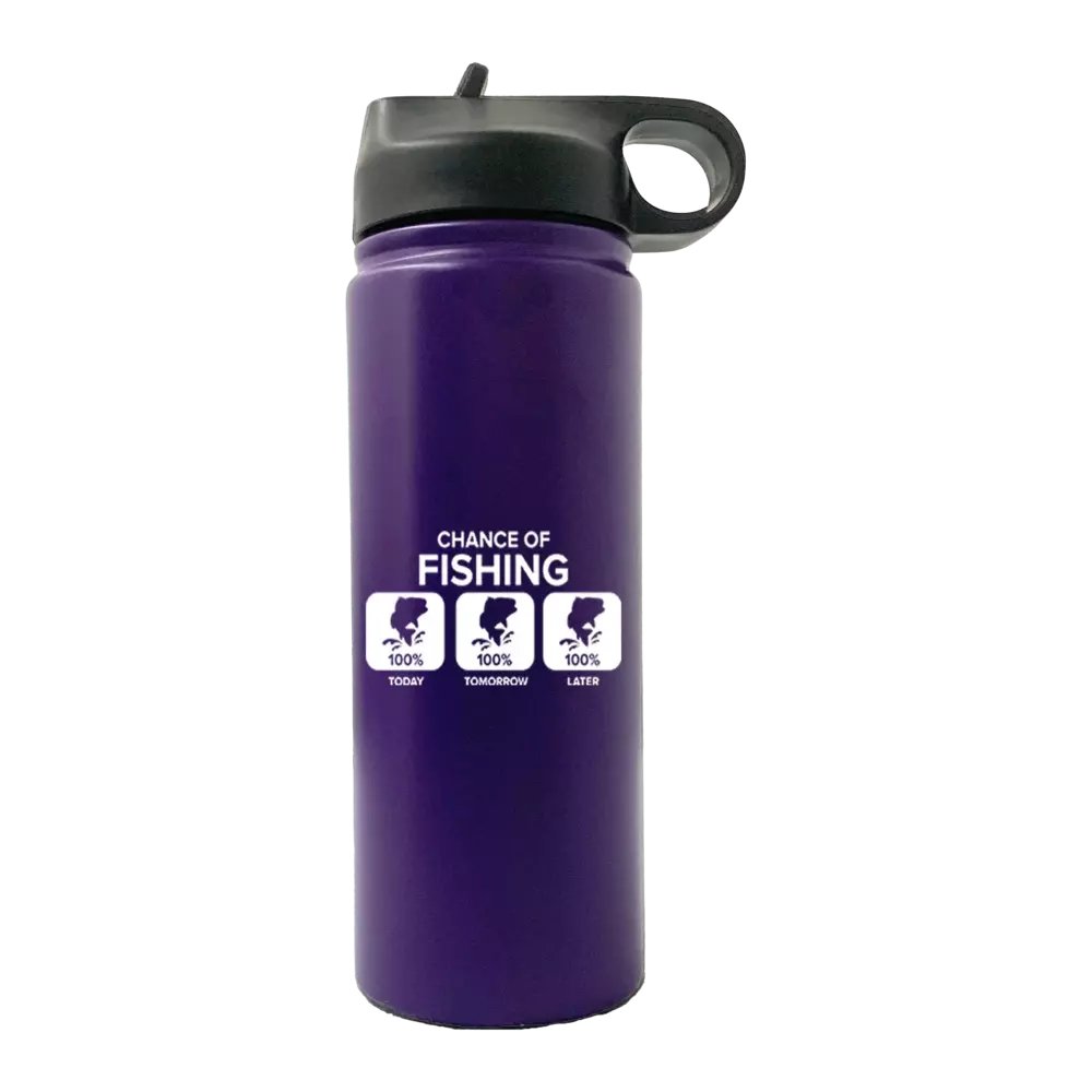 Chance of Fishing 20oz Sport Bottle in metallic aluminum with a black lid and built-in handle, perfect for outdoor activities.