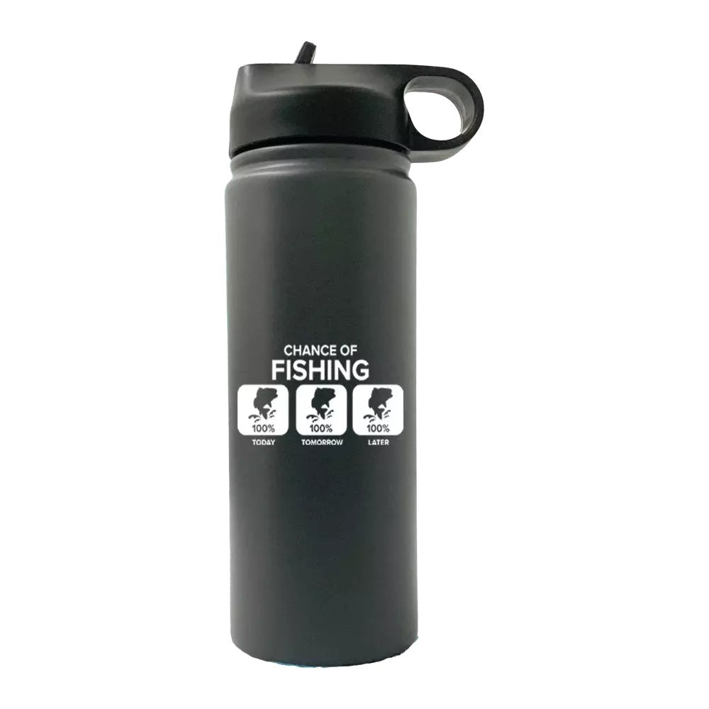 Chance of Fishing 20oz Sport Bottle in metallic aluminum with a black lid and built-in handle, perfect for outdoor activities.