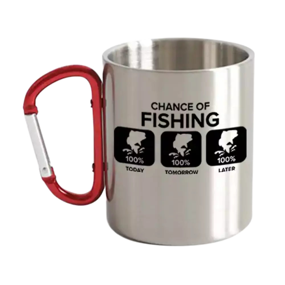 Chance of Fishing Carabiner Mug 12oz with UV printed design, showcasing its durable ceramic and stainless steel double wall construction.