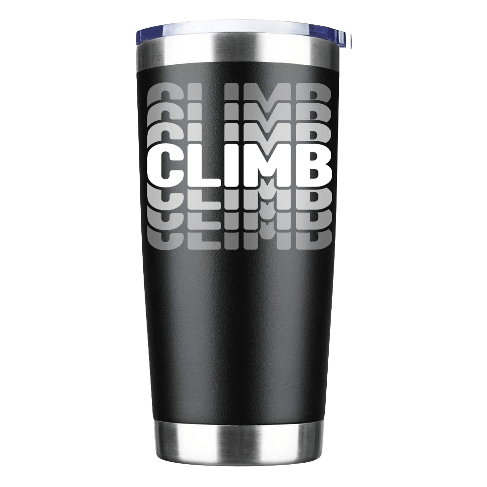 Climmmmmb 20oz Insulated Vacuum Sealed Tumbler in stainless steel with a splash-proof lid, showcasing vibrant UV-printed designs.