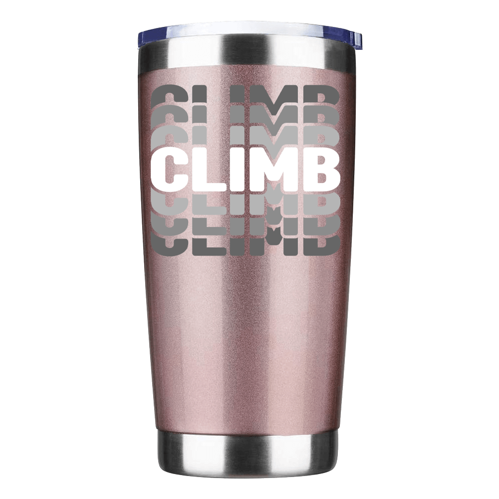 Climmmmmb 20oz Insulated Vacuum Sealed Tumbler in stainless steel with a splash-proof lid, showcasing vibrant UV-printed designs.