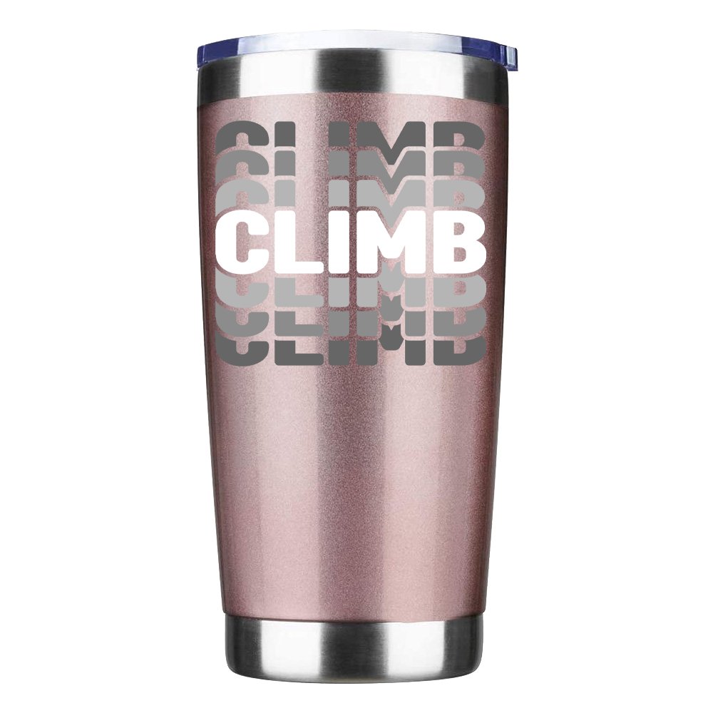 Climmmmmb 20oz Insulated Vacuum Sealed Tumbler in stainless steel with a splash-proof lid, showcasing vibrant UV-printed designs.