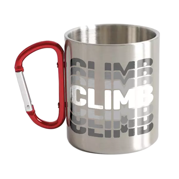 Climmmmmb Carabiner Mug 12oz with UV printed design, stainless steel double wall, and carabiner attachment.