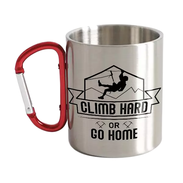 Climb Hard Or Go Home Carabiner Mug, 12oz ceramic mug with UV printed design, stainless steel double wall for insulation.