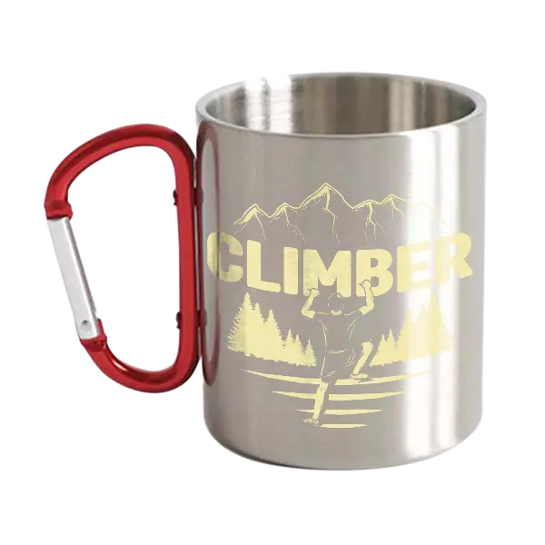 Climber Carabiner Mug 12oz featuring UV printed designs, sturdy ceramic construction, and stainless steel double wall for insulation.