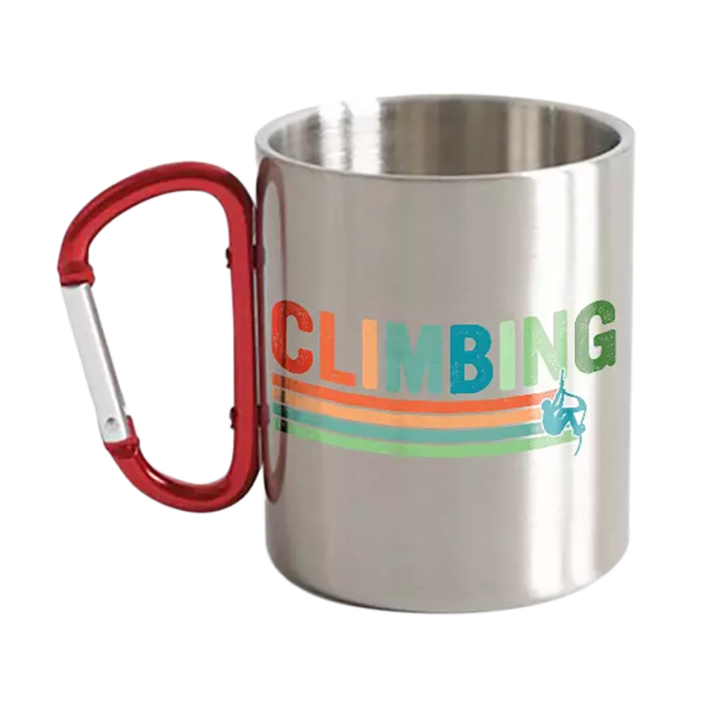 Climbing Carabiner Mug 12oz with UV printed design, showcasing its durable stainless steel and ceramic construction.