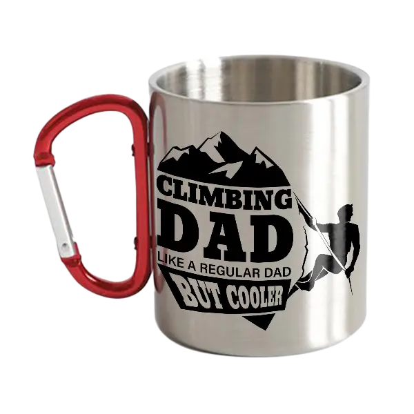 Climbing Dad Carabiner Mug 12oz featuring a sturdy design with UV printed graphics, perfect for outdoor use.