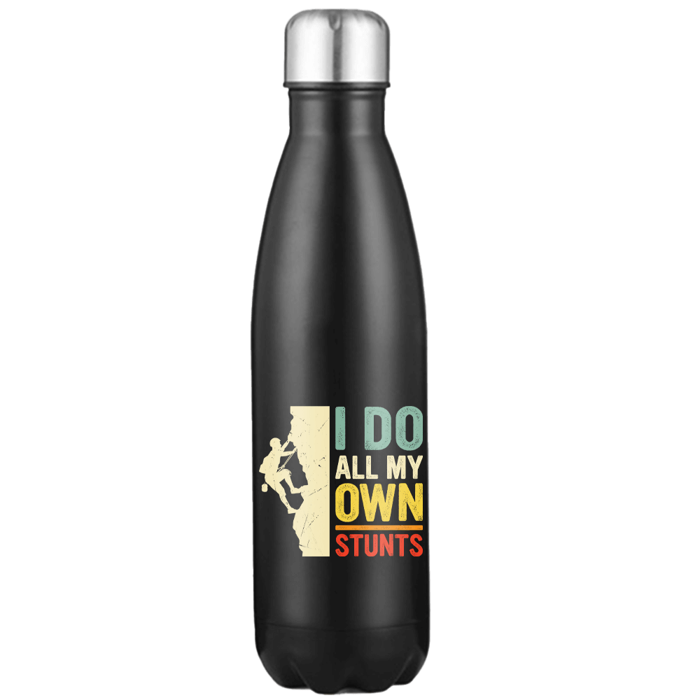 Climbing I Do All My Own Stunts 17oz stainless steel water bottle with vibrant design, showcasing its double-wall construction and leak-proof cap.