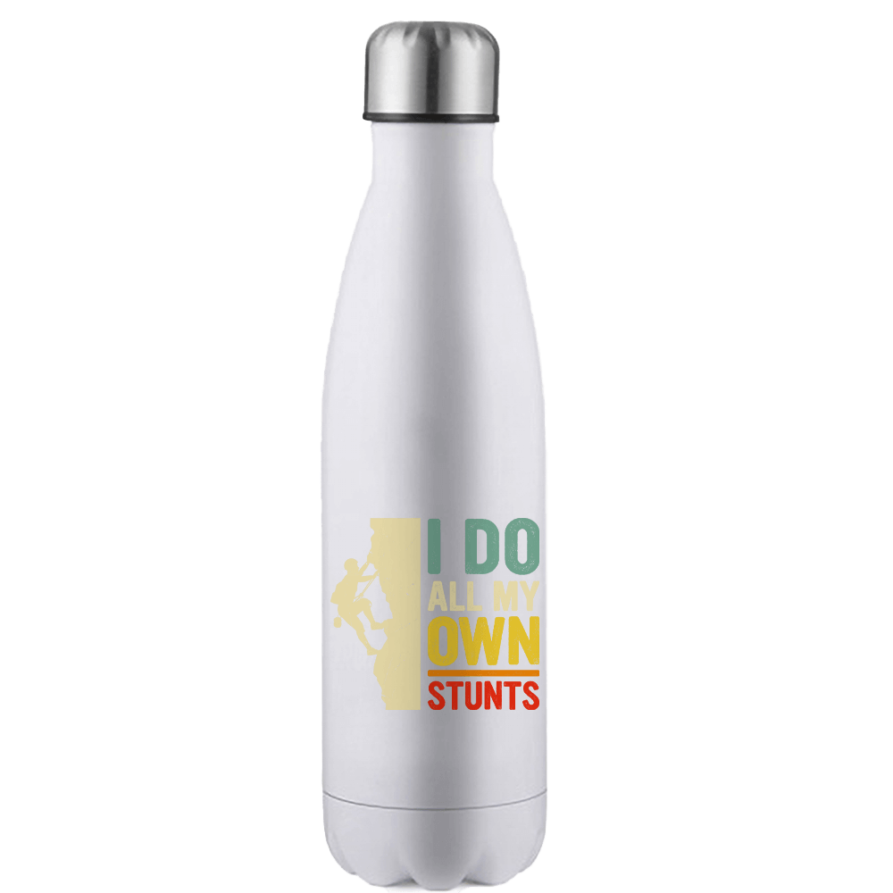 Climbing I Do All My Own Stunts 17oz stainless steel water bottle with vibrant design, showcasing its double-wall construction and leak-proof cap.