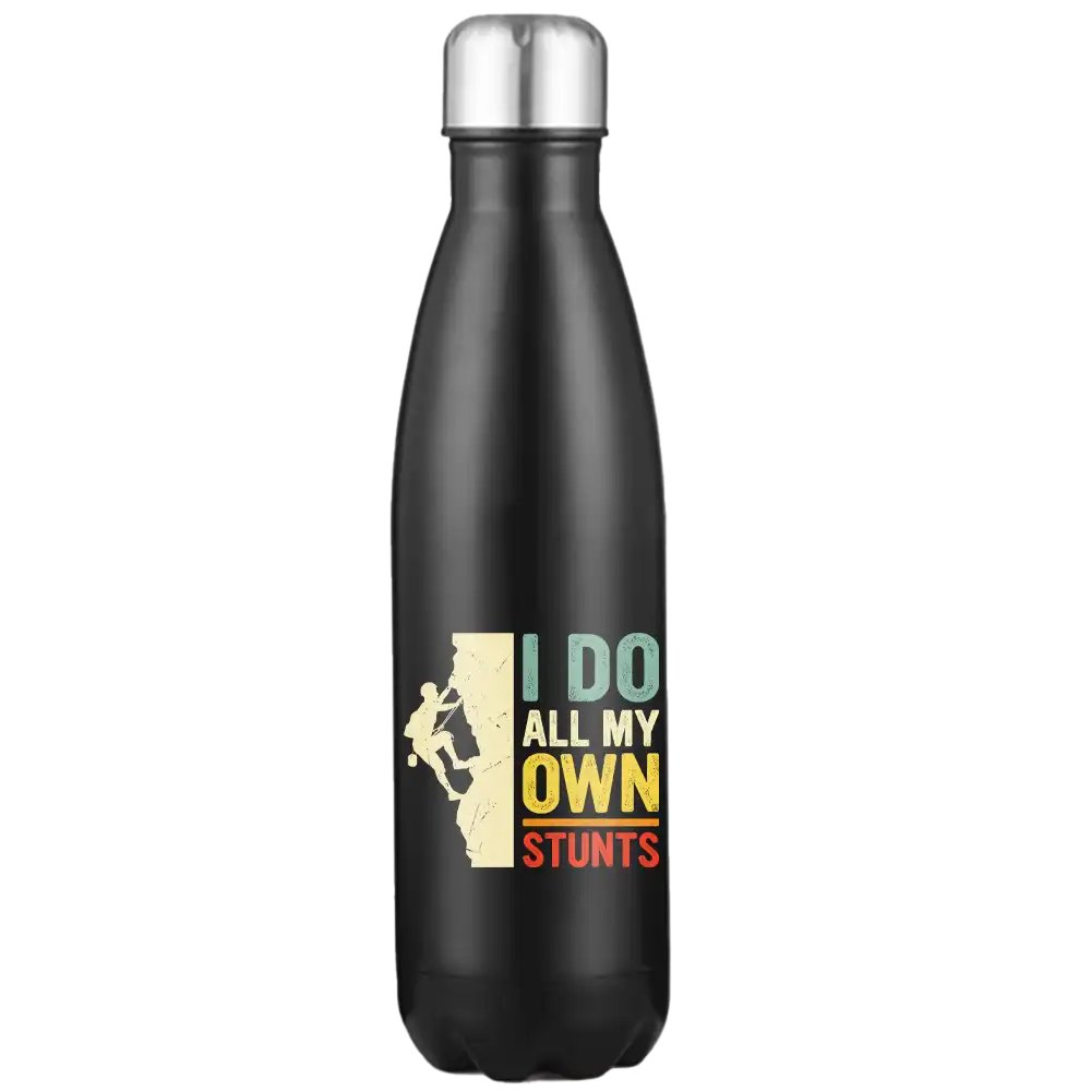 Climbing I Do All My Own Stunts 17oz stainless steel water bottle with vibrant design, showcasing its double-wall construction and leak-proof cap.