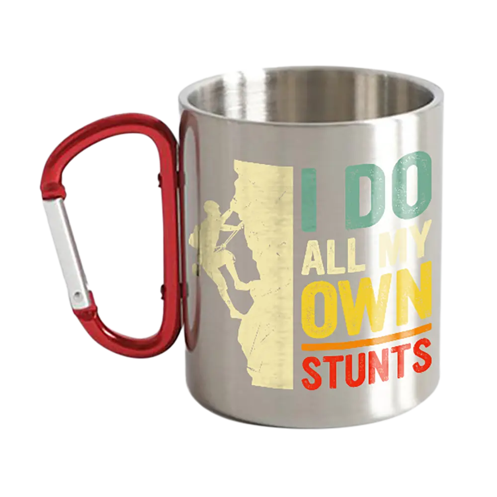 Climbing I Do All My Own Stunts Carabiner Mug, 12oz ceramic mug with UV printed design, perfect for outdoor enthusiasts.