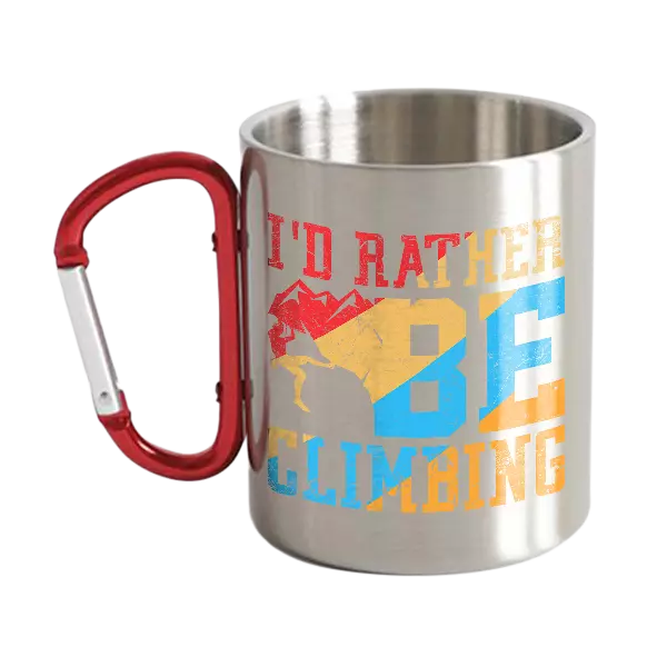 Climbing I'd Rather Be Climbing Carabiner Mug showcasing a durable design with UV printed graphics, perfect for outdoor enthusiasts.