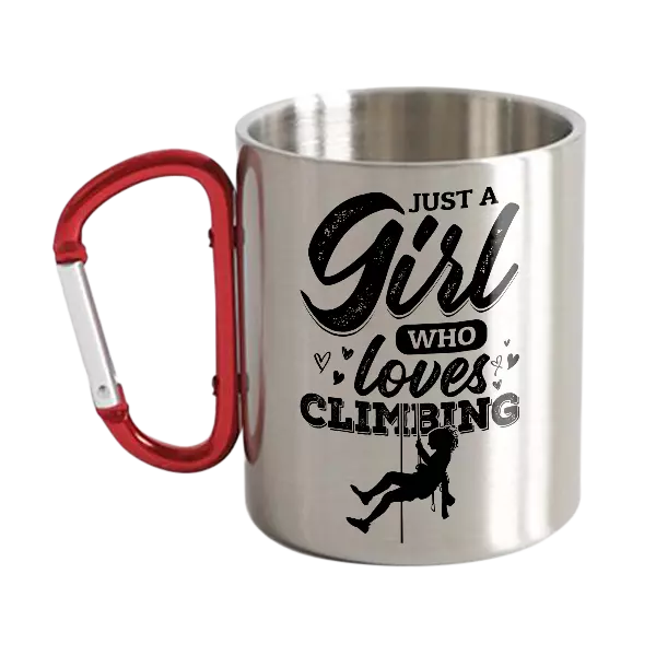 Climbing Just A Girl Who Loves Climbing Carabiner Mug, 12oz, featuring a vibrant UV printed design and sturdy ceramic construction.