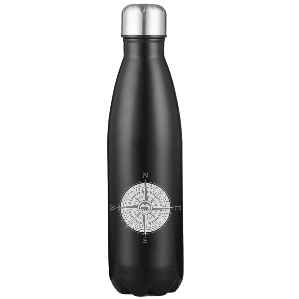 Compass Camping Stainless Steel Water Bottle with double-walled insulation and leakproof cap, perfect for outdoor activities.