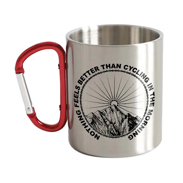 Cycling In The Morning Carabiner Mug 12oz with UV printed design, showcasing its stainless steel construction and durable features.