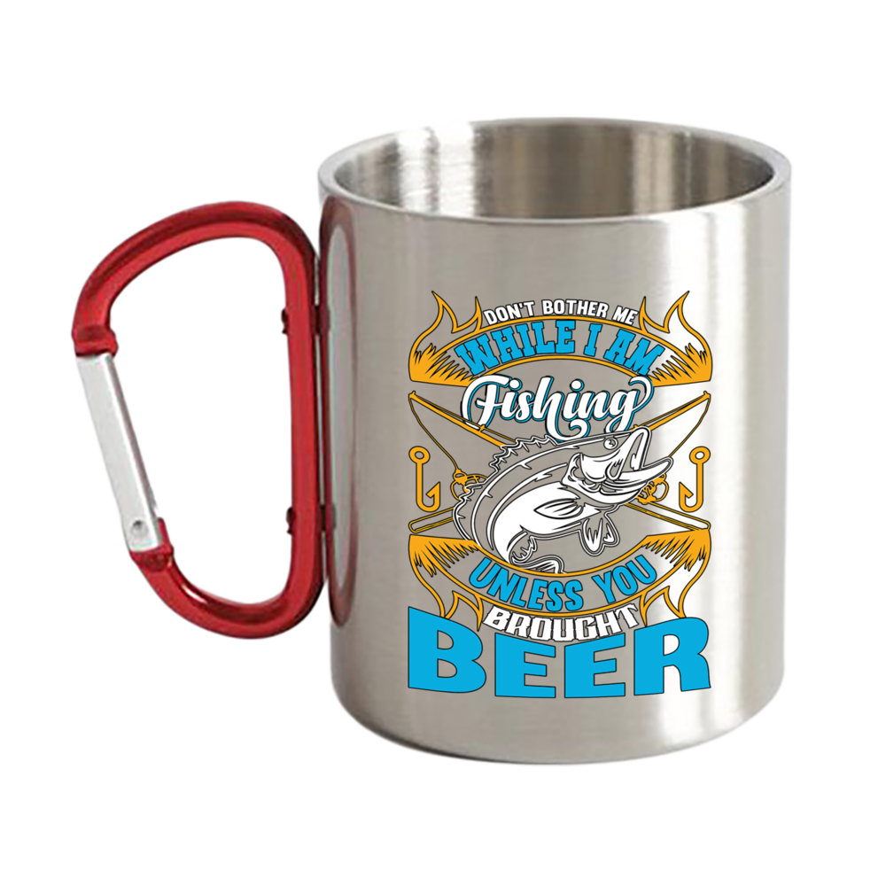 Don't Bother Me While I'm Fishing Carabiner Mug, 12oz ceramic mug with UV printed design, featuring a sturdy handle and double wall insulation.