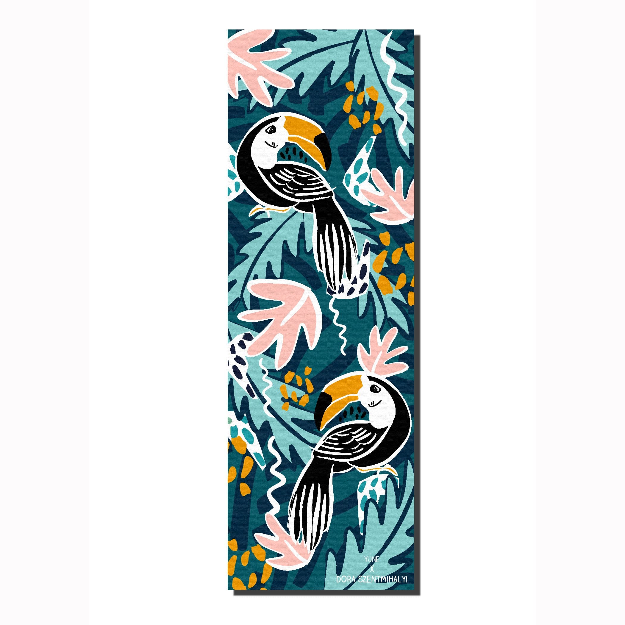 Dora Toucan Trekk Travel Yoga Mat featuring a vibrant design, lightweight construction, and textured surfaces for grip.