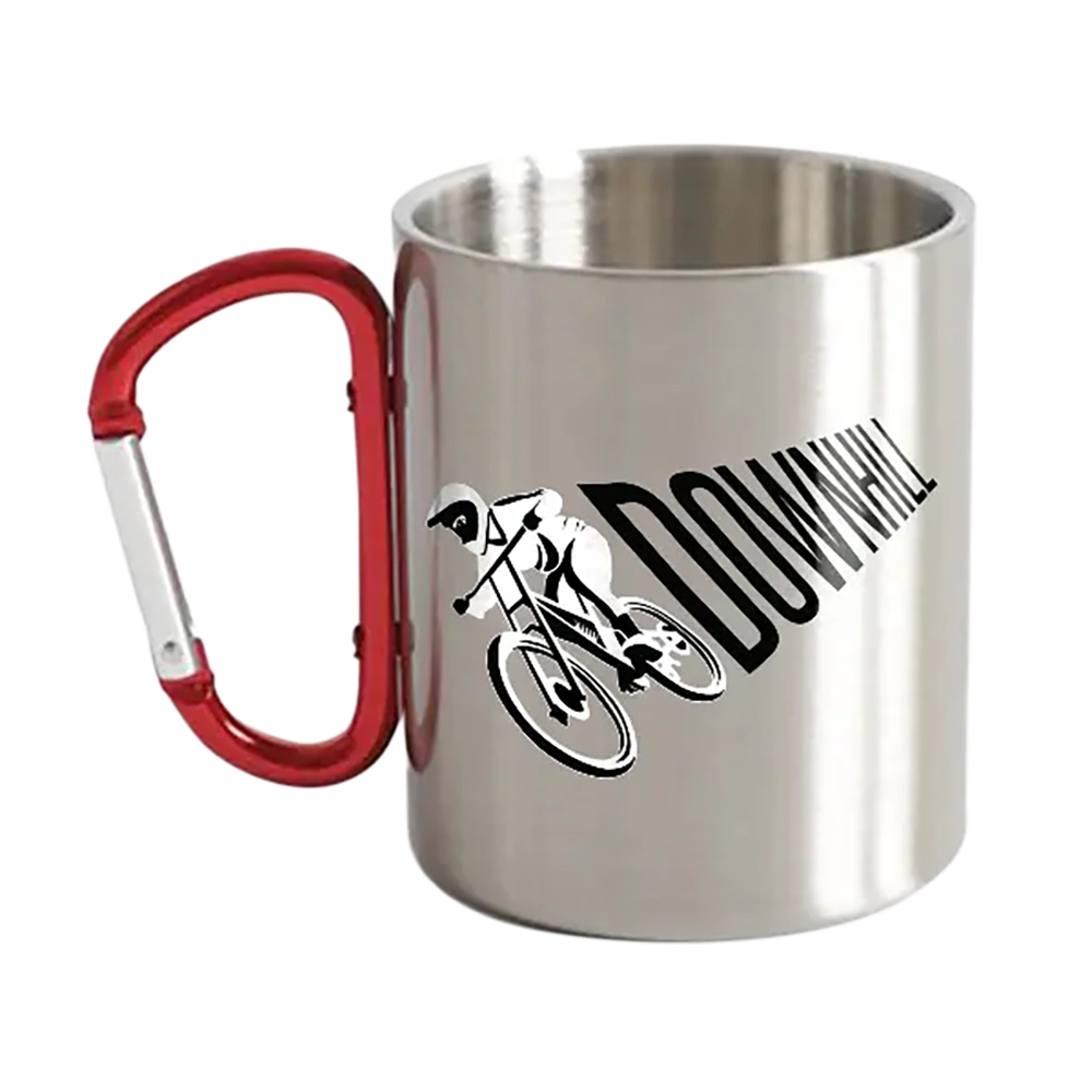 Downhill Cycling Carabiner Mug 12oz with UV printed design, stainless steel body, and a carabiner handle, perfect for outdoor adventures.